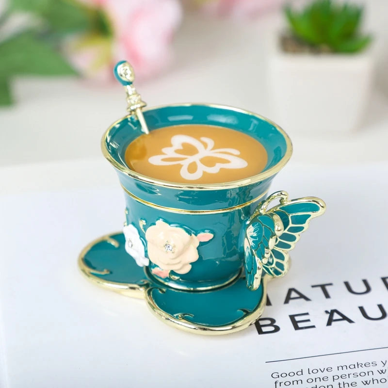 SHINNYGIFTS Hand Painted Enameled Small Coffee Cup Trinket Box Butterfly Style Decorative Jewelry Box with Hinged Unique Gift