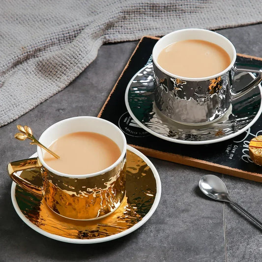 Embossed Gold & Silver Ceramic Cup & Saucer