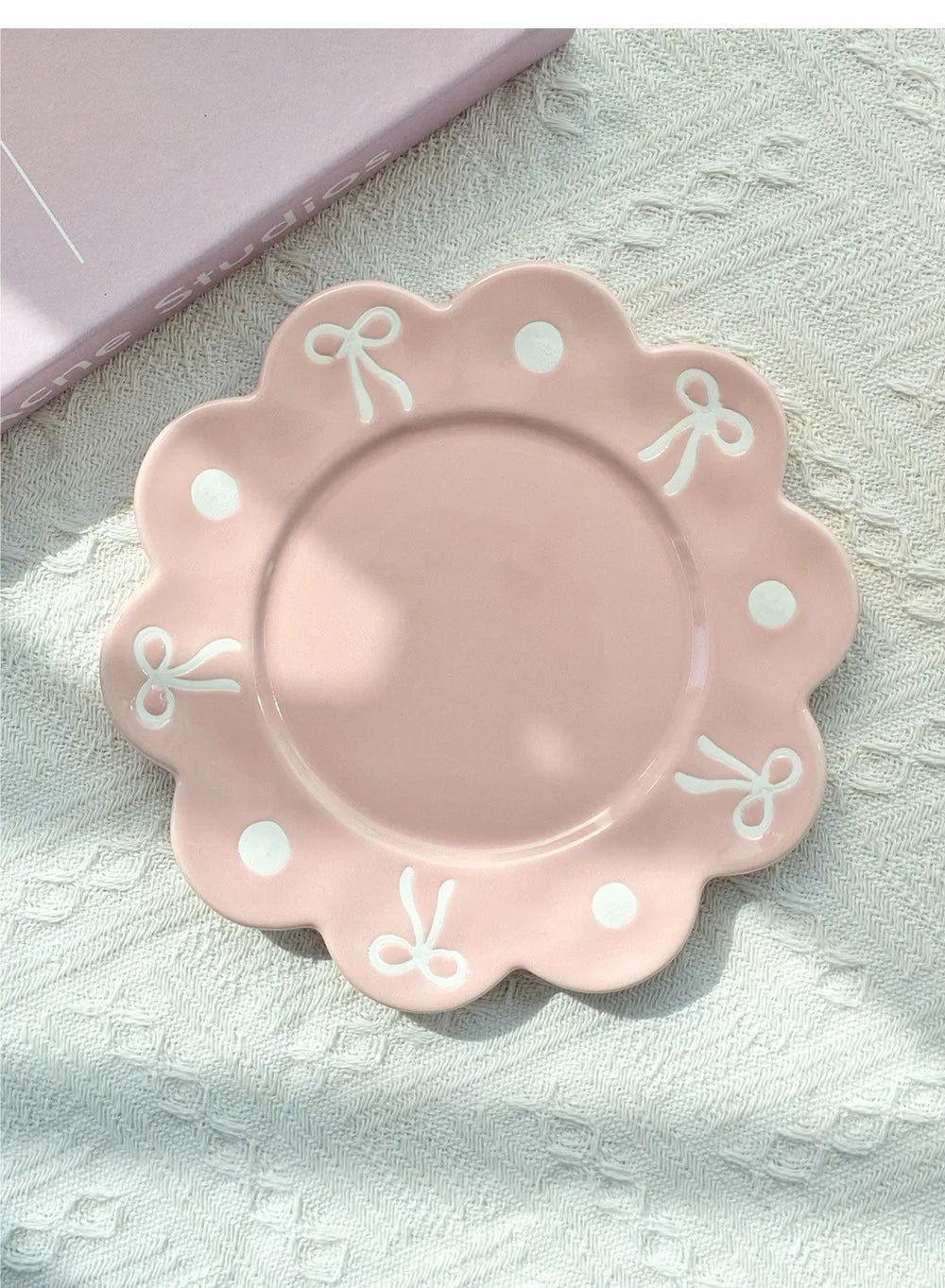 350ml Ceramic Coffee Cups and Saucer Set Bow Patterns Hand Drawn Pink Girl's Large Capacity Cup Flowers Shaped Plate Sets
