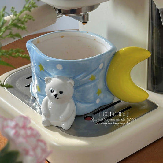 Cute Bear Moon-shaped Ceramic Mug, Cartoon Creative Water Cup, Blue Star Mug
