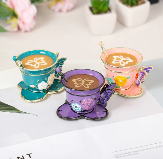 SHINNYGIFTS Hand Painted Enameled Small Coffee Cup Trinket Box Butterfly Style Decorative Jewelry Box with Hinged Unique Gift