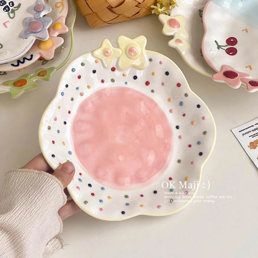 Cute Ceramic Plates for Home Use Dish Tableware Floral Rainbow Polka Dots Under Glazed Plate Kitchen Dining Dinnerware
