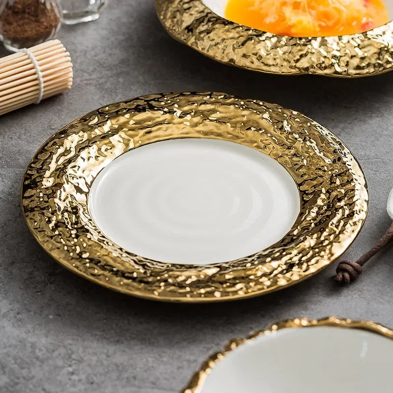 Gold-Rimmed Marble-Style Ceramic Dinner Plate