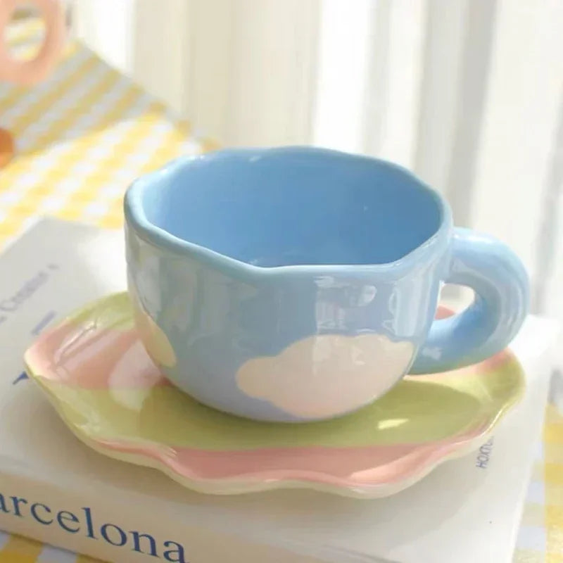 Ceramic Coffee Mug and Saucer Set Hand Pinching Irregular Cute Pattern Milk Juice Afternoon Tea Water Cup Girl Flower Tea Cup