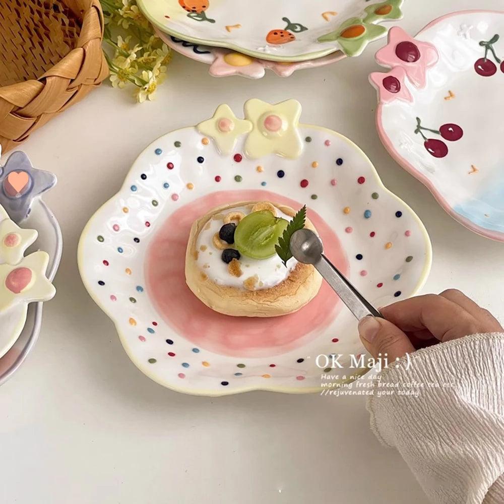Cute Ceramic Plates for Home Use Dish Tableware Floral Rainbow Polka Dots Under Glazed Plate Kitchen Dining Dinnerware