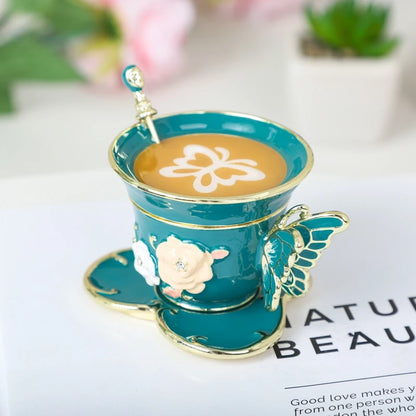 SHINNYGIFTS Hand Painted Enameled Small Coffee Cup Trinket Box Butterfly Style Decorative Jewelry Box with Hinged Unique Gift