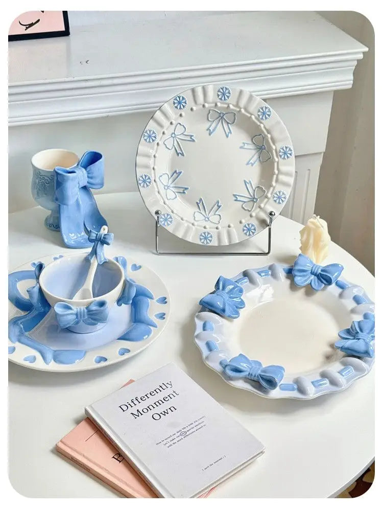Bow Underglaze Tableware French Romantic Relief Three-dimensional Ceramic Plate Exquisite Plate Bowl Dessert Plate Gift