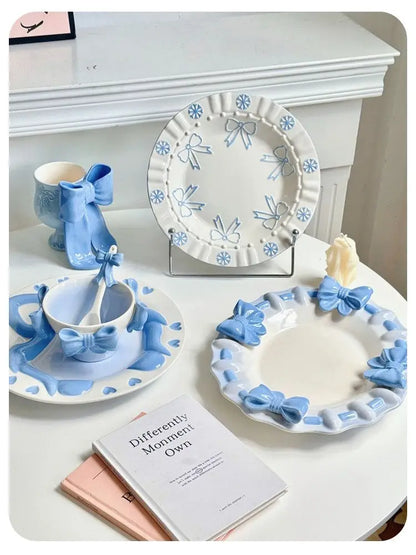 Bow Underglaze Tableware French Romantic Relief Three-dimensional Ceramic Plate Exquisite Plate Bowl Dessert Plate Gift