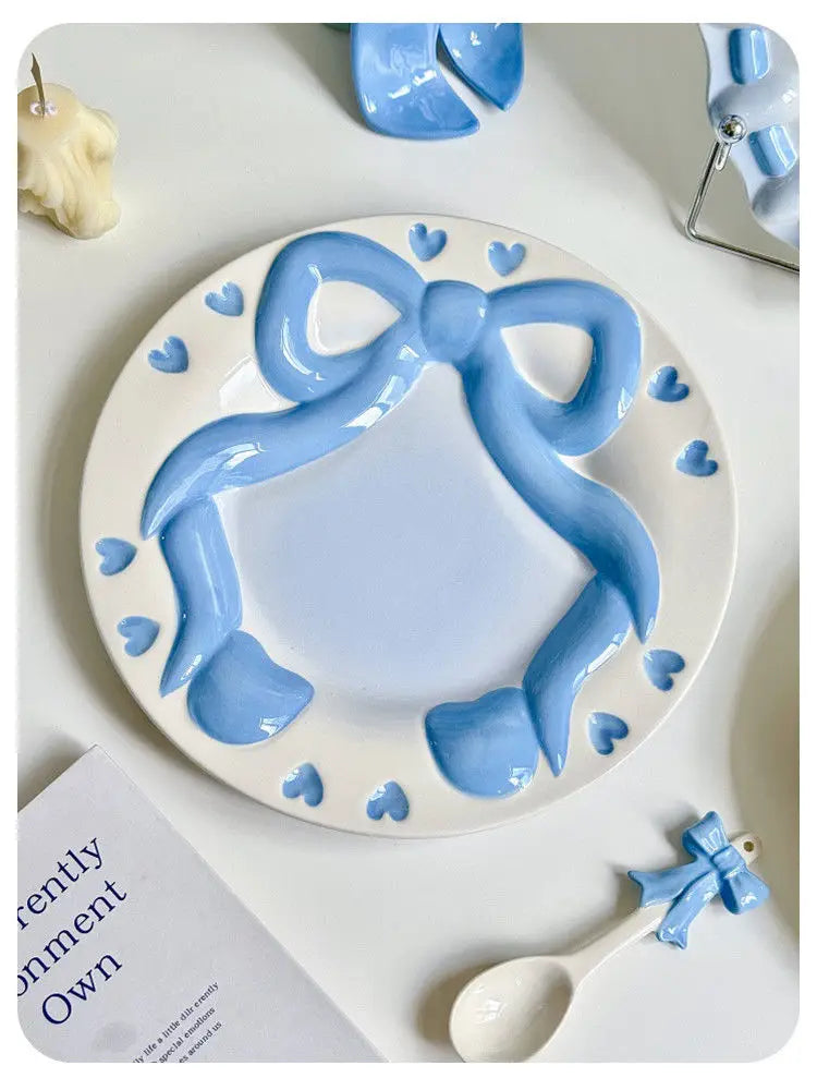 Bow Underglaze Tableware French Romantic Relief Three-dimensional Ceramic Plate Exquisite Plate Bowl Dessert Plate Gift