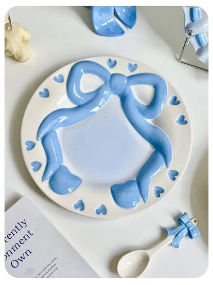 Bow Underglaze Tableware French Romantic Relief Three-dimensional Ceramic Plate Exquisite Plate Bowl Dessert Plate Gift