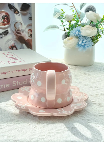 350ml Ceramic Coffee Cups and Saucer Set Bow Patterns Hand Drawn Pink Girl's Large Capacity Cup Flowers Shaped Plate Sets