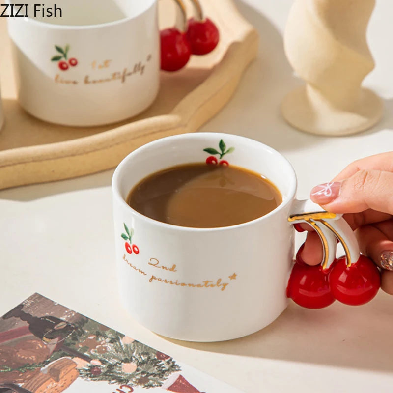 Gold-Rim Cherry Porcelain Mug