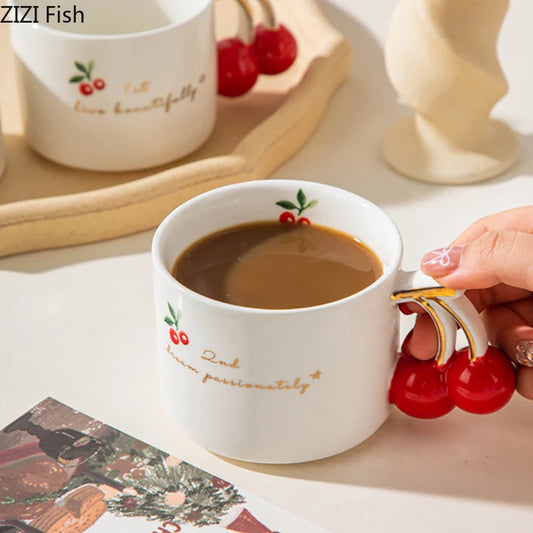 Gold-Rim Cherry Porcelain Mug