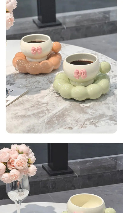 Bow Ceramic Coffee Cup & Flower Saucer