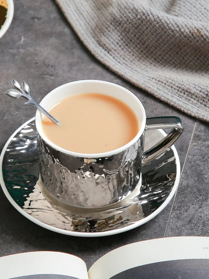 Embossed Gold & Silver Ceramic Cup & Saucer