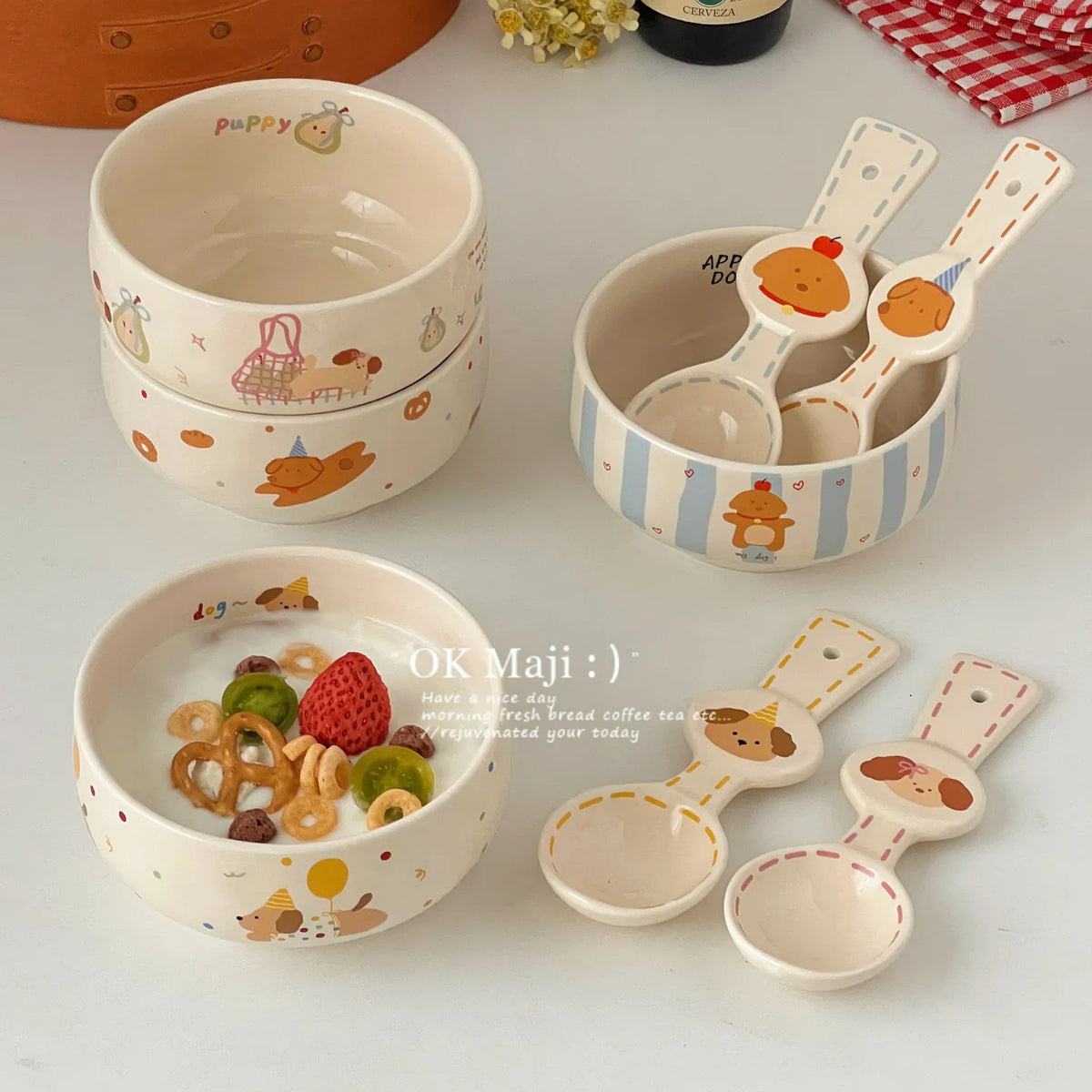Ceramic Yogurt Bowl with Spoon Fruit Oatmeal Breakfast Bowl Rice Bowl Tableware