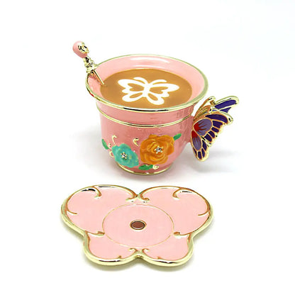 SHINNYGIFTS Hand Painted Enameled Small Coffee Cup Trinket Box Butterfly Style Decorative Jewelry Box with Hinged Unique Gift