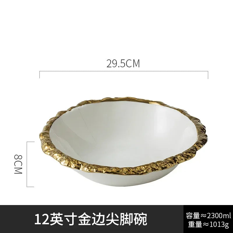 Gold-Rimmed Marble-Style Ceramic Dinner Plate