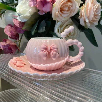 French Pink Bow Ceramic Coffee Cup Set
