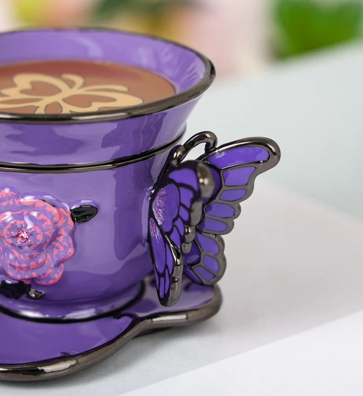 SHINNYGIFTS Hand Painted Enameled Small Coffee Cup Trinket Box Butterfly Style Decorative Jewelry Box with Hinged Unique Gift
