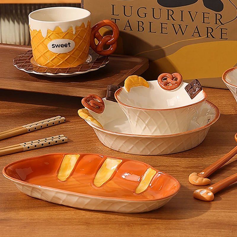 Creative Bread Shape Western Food Dinner Plate, Ceramic European Restaurant Kitchen Supplies, Breakfast, Dessert Salad bowl, 1Pc