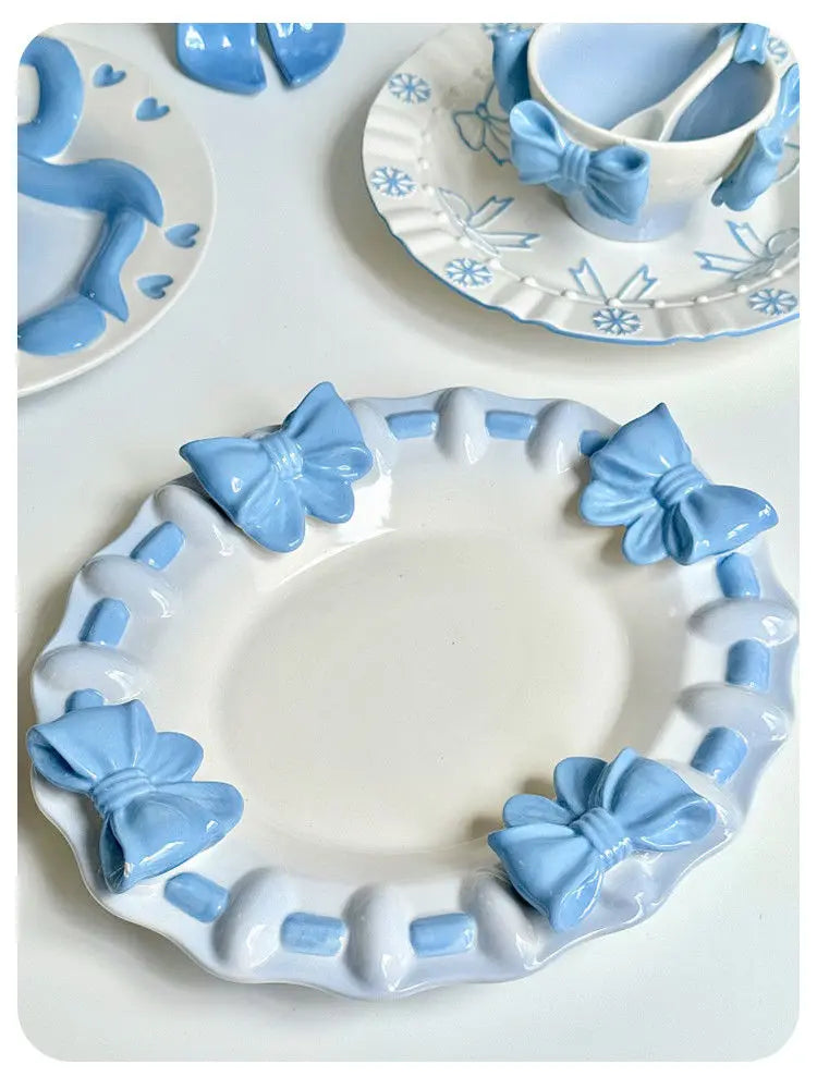 Bow Underglaze Tableware French Romantic Relief Three-dimensional Ceramic Plate Exquisite Plate Bowl Dessert Plate Gift
