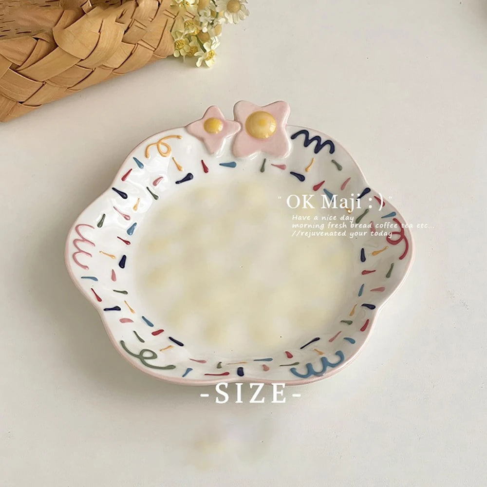 Cute Ceramic Plates for Home Use Dish Tableware Floral Rainbow Polka Dots Under Glazed Plate Kitchen Dining Dinnerware