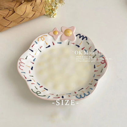 Cute Ceramic Plates for Home Use Dish Tableware Floral Rainbow Polka Dots Under Glazed Plate Kitchen Dining Dinnerware