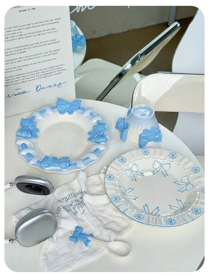 Bow Underglaze Tableware French Romantic Relief Three-dimensional Ceramic Plate Exquisite Plate Bowl Dessert Plate Gift