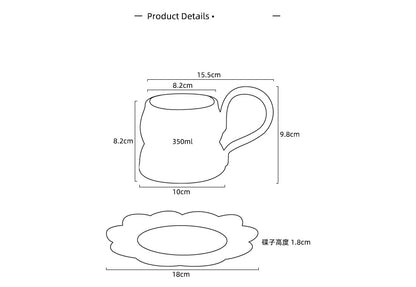 350ml Ceramic Coffee Cups and Saucer Set Bow Patterns Hand Drawn Pink Girl's Large Capacity Cup Flowers Shaped Plate Sets