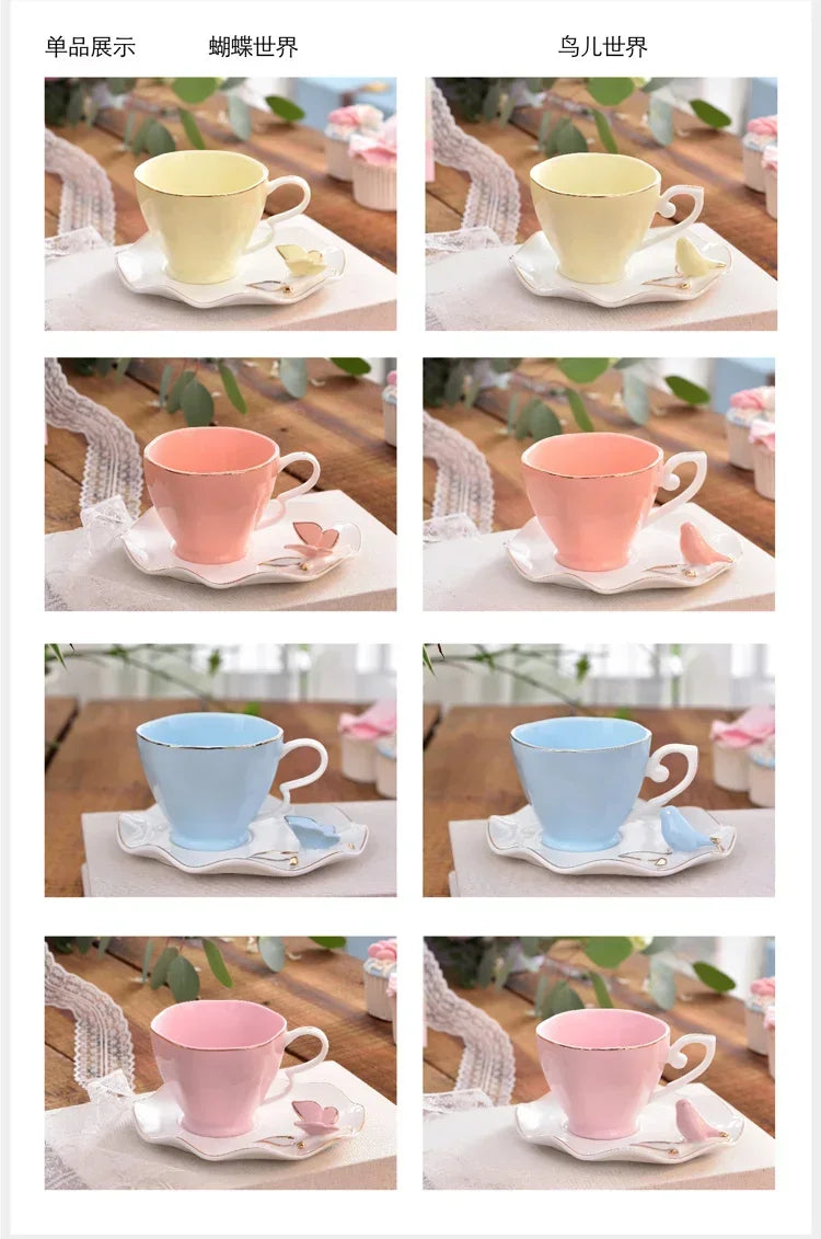 Exquisite Butterfly Bird Top Bone China 220ml Coffee Cup Saucer Free Spoon Ceramic European Porcelain Tea Mug Mugs Coffee Cups