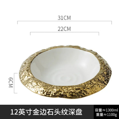 Gold-Rimmed Marble-Style Ceramic Dinner Plate