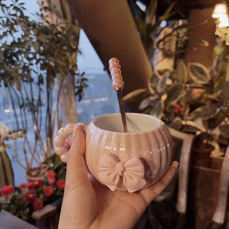 French Pink Bow Ceramic Coffee Cup Set