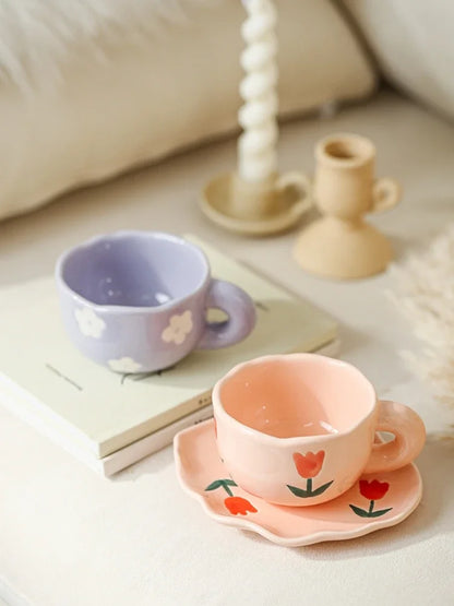 Ceramic Coffee Mug and Saucer Set Hand Pinching Irregular Cute Pattern Milk Juice Afternoon Tea Water Cup Girl Flower Tea Cup