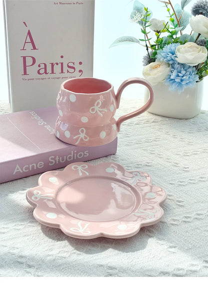 350ml Ceramic Coffee Cups and Saucer Set Bow Patterns Hand Drawn Pink Girl's Large Capacity Cup Flowers Shaped Plate Sets