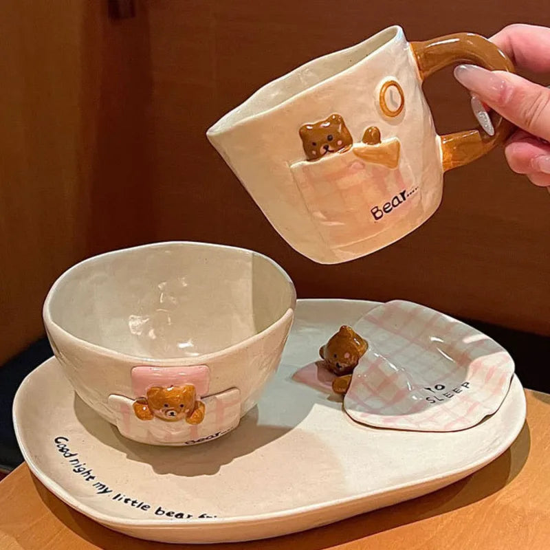 3D Embossed Bear Ceramic Bowl Plate Mug Set, Kids Dinnerware, Creative Quilt Bear Tableware For Holiday Wedding Souvenir Gift