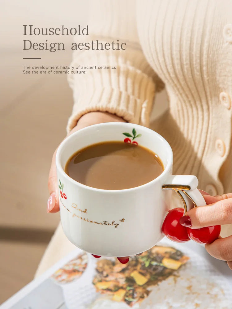 Gold-Rim Cherry Porcelain Mug