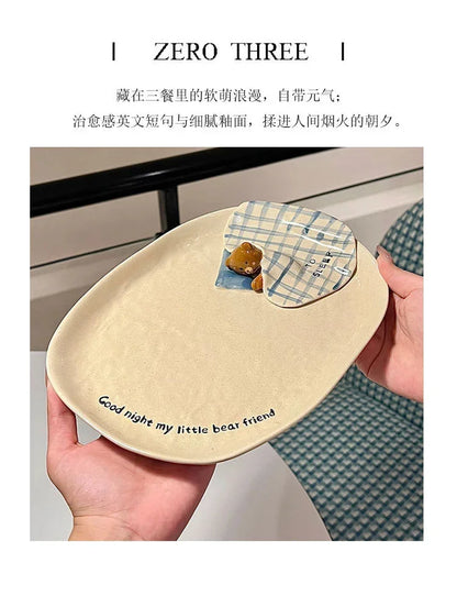 3D Embossed Bear Ceramic Bowl Plate Mug Set, Kids Dinnerware, Creative Quilt Bear Tableware For Holiday Wedding Souvenir Gift