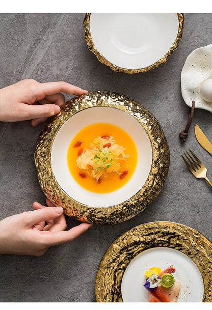 Gold-Rimmed Marble-Style Ceramic Dinner Plate