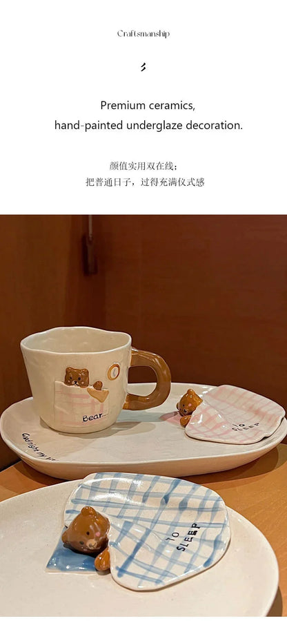 3D Embossed Bear Ceramic Bowl Plate Mug Set, Kids Dinnerware, Creative Quilt Bear Tableware For Holiday Wedding Souvenir Gift