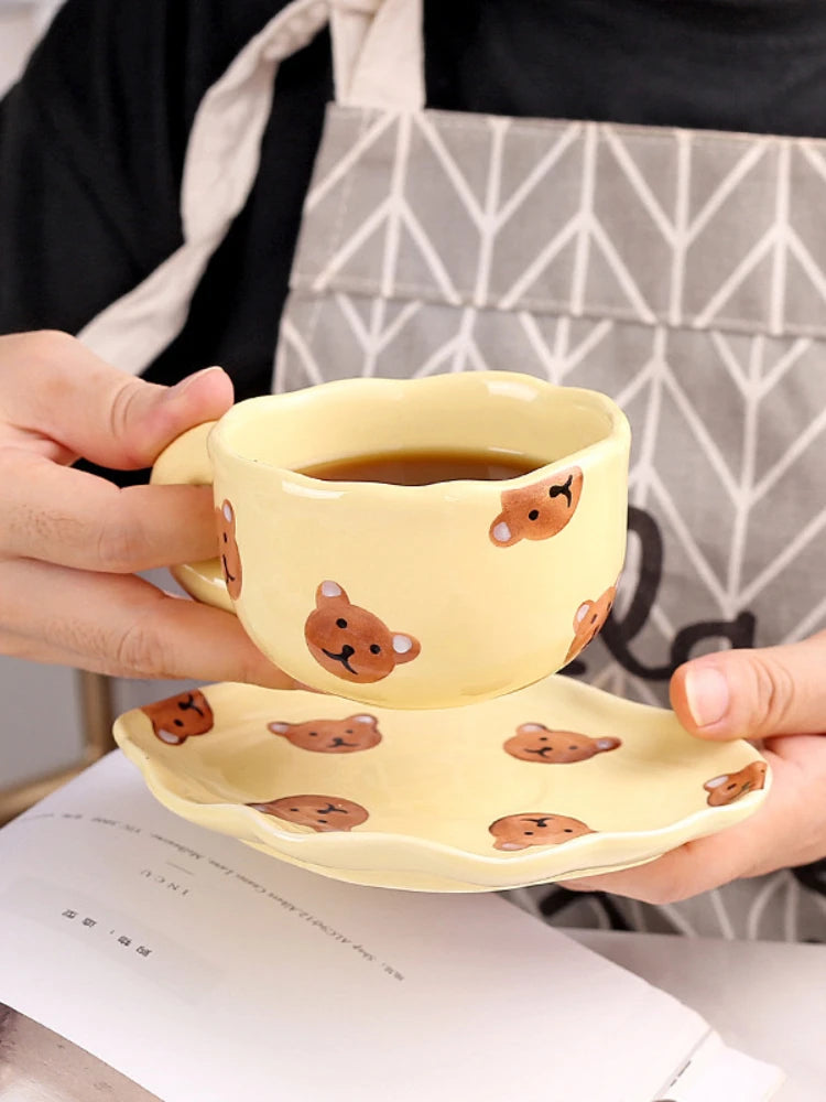 Ceramic Coffee Mug and Saucer Set Hand Pinching Irregular Cute Pattern Milk Juice Afternoon Tea Water Cup Girl Flower Tea Cup