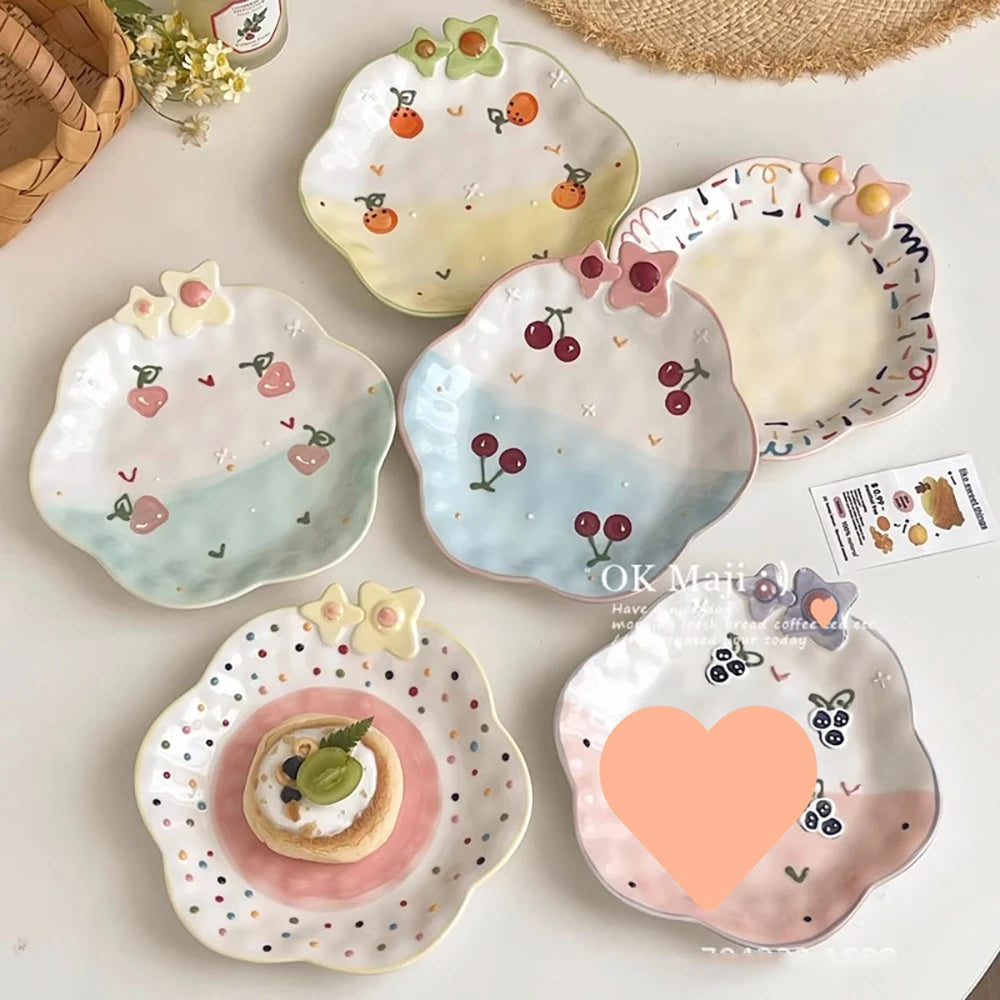 Cute Ceramic Plates for Home Use Dish Tableware Floral Rainbow Polka Dots Under Glazed Plate Kitchen Dining Dinnerware