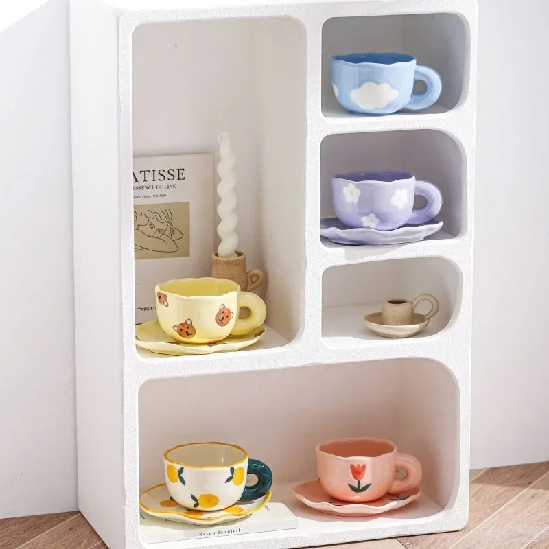 Ceramic Coffee Mug and Saucer Set Hand Pinching Irregular Cute Pattern Milk Juice Afternoon Tea Water Cup Girl Flower Tea Cup