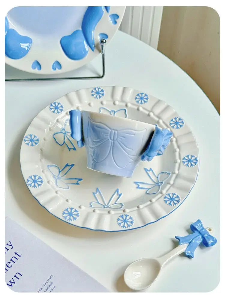 Bow Underglaze Tableware French Romantic Relief Three-dimensional Ceramic Plate Exquisite Plate Bowl Dessert Plate Gift