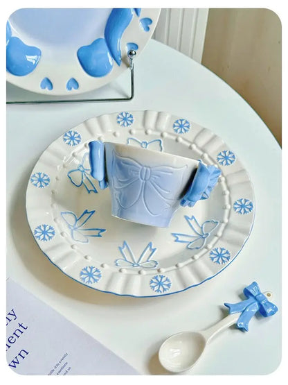 Bow Underglaze Tableware French Romantic Relief Three-dimensional Ceramic Plate Exquisite Plate Bowl Dessert Plate Gift