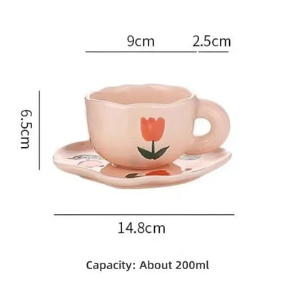Ceramic Coffee Mug and Saucer Set Hand Pinching Irregular Cute Pattern Milk Juice Afternoon Tea Water Cup Girl Flower Tea Cup