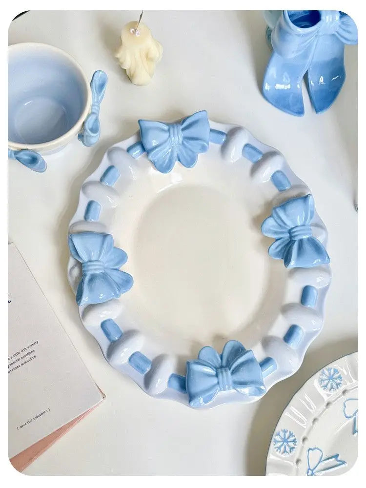 Bow Underglaze Tableware French Romantic Relief Three-dimensional Ceramic Plate Exquisite Plate Bowl Dessert Plate Gift