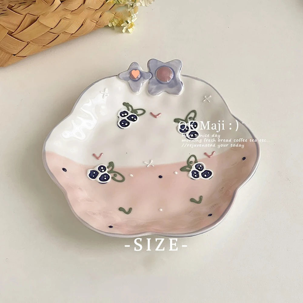 Cute Ceramic Plates for Home Use Dish Tableware Floral Rainbow Polka Dots Under Glazed Plate Kitchen Dining Dinnerware