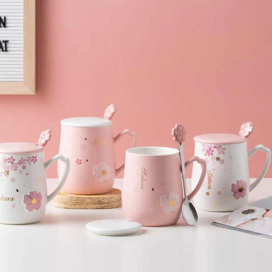 Cherry Blossom Mug with Lid & Spoon