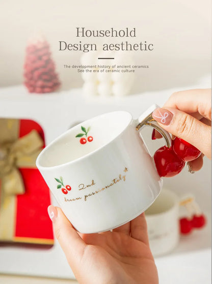 Gold-Rim Cherry Porcelain Mug